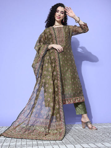 Olive Ethnic Motif Printed Kurta Paired With Bottom And Dupatta